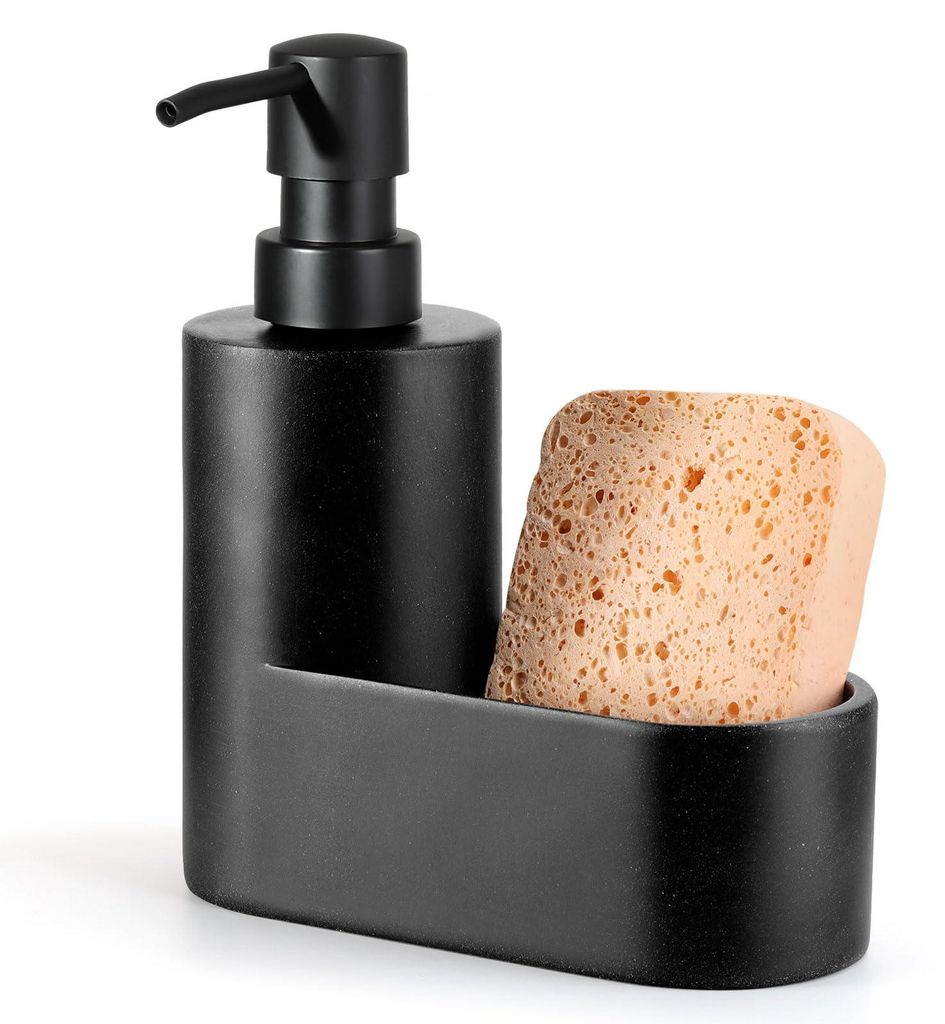 Spülmittelspender mit Schwammhalter, nachfüllbarer Seifenspender mit Pumpe, 2-in-1-Seifenspender für Küche und Bad, körnig schwarz