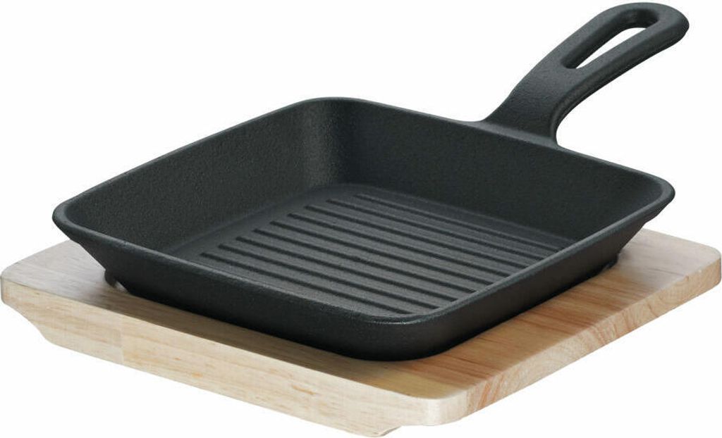 Schulte-Ufer Rustika Mini-Grillpfanne mit Servierbrett, Pfännchen, Pfanne, Gusseisen, Schwarz, 15 x 15 cm, 1685-15 s