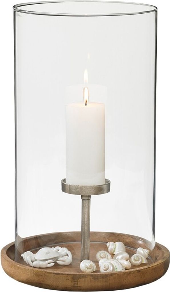 Kaheku Windlicht Kerzenteller Alamo, Ø 30 cm Metall Mangoholz Klarglas 99990404