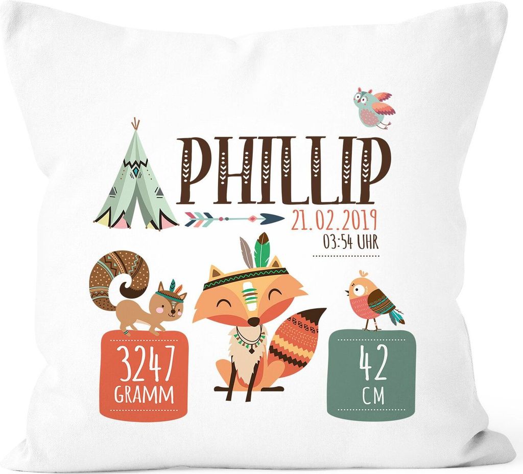 Geburtskissen mit Gewicht und Größe Jungen Mädchen Fuchs Boho, personalisierbares Kissen zur Geburt Geschenk SpecialMe weiß unisize