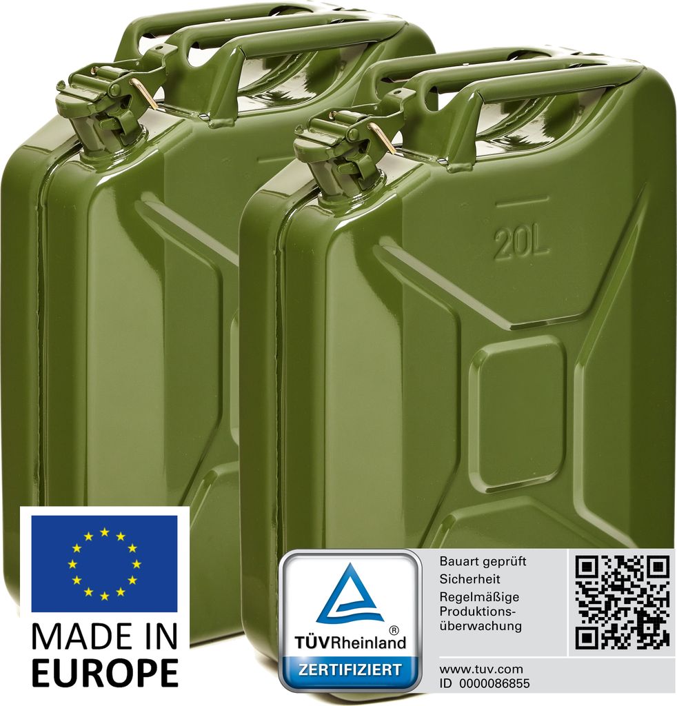 BW Kraftstoffkanister Metall Benzinkanister 2x 20 Liter - Olivegrün RAL 6003 - UN-Zulassung - Hergestellt in Europa