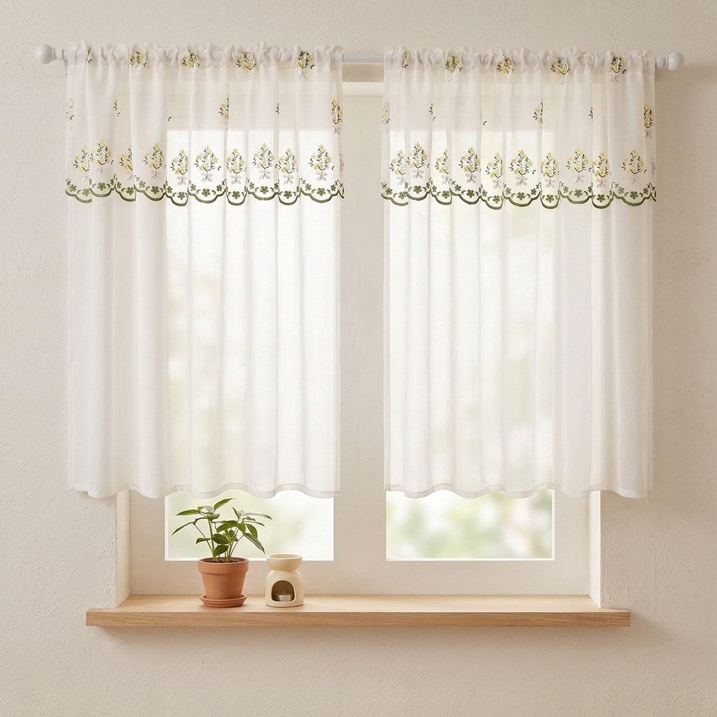 INF Bestickter Glockenblumen-Spitzenvorhang 100cm x 130cm Weiß für Küche