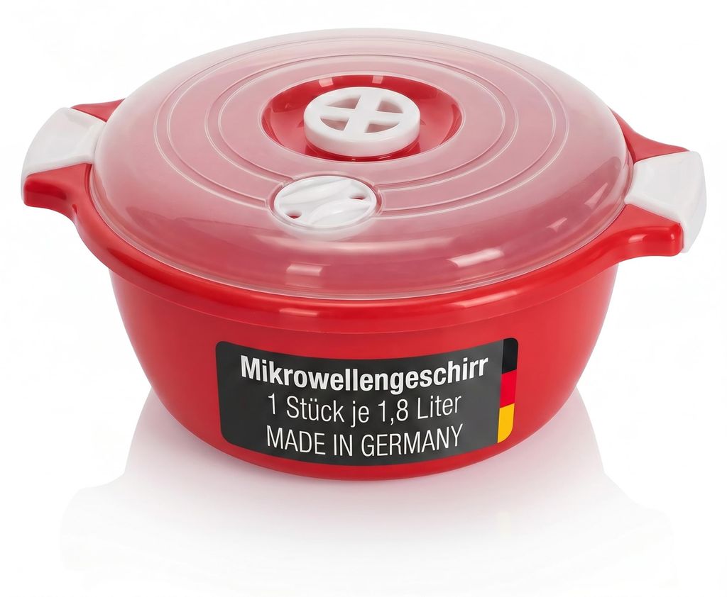 Mikrowellenschüssel mit Deckel und Dampfventil Volumen 1,8 Liter Mikrowellenbehälter Rot rund Mikrowellen Kühlschrank Picknick Schüssel