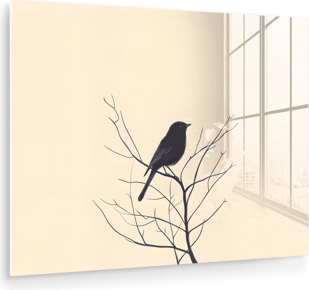 MuchoWow Glasbilder - Bilder auf Wandbild - Foto auf Glas Vogel - Schwarz - Zweig - Minimalistisch 40x30 cm Wanddekoration aus Glas - Acrylglasbild...