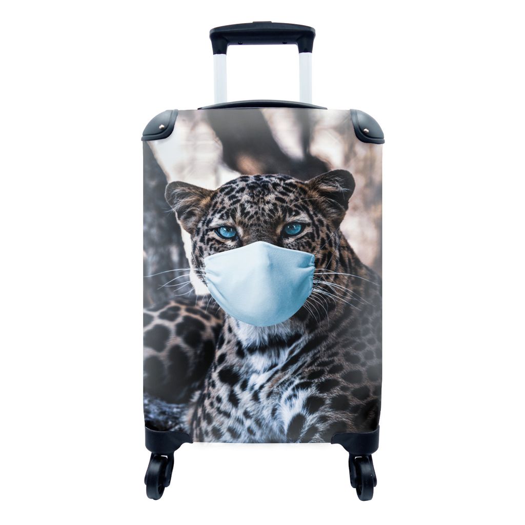 MuchoWow Koffer Handgepäck Trolley Rollkoffer Kleine Reisekoffer mit 4 Rollen - Leopard - Mundschutz - Blau - Cabin Size < 55x40x23 cm & 55x40x2...