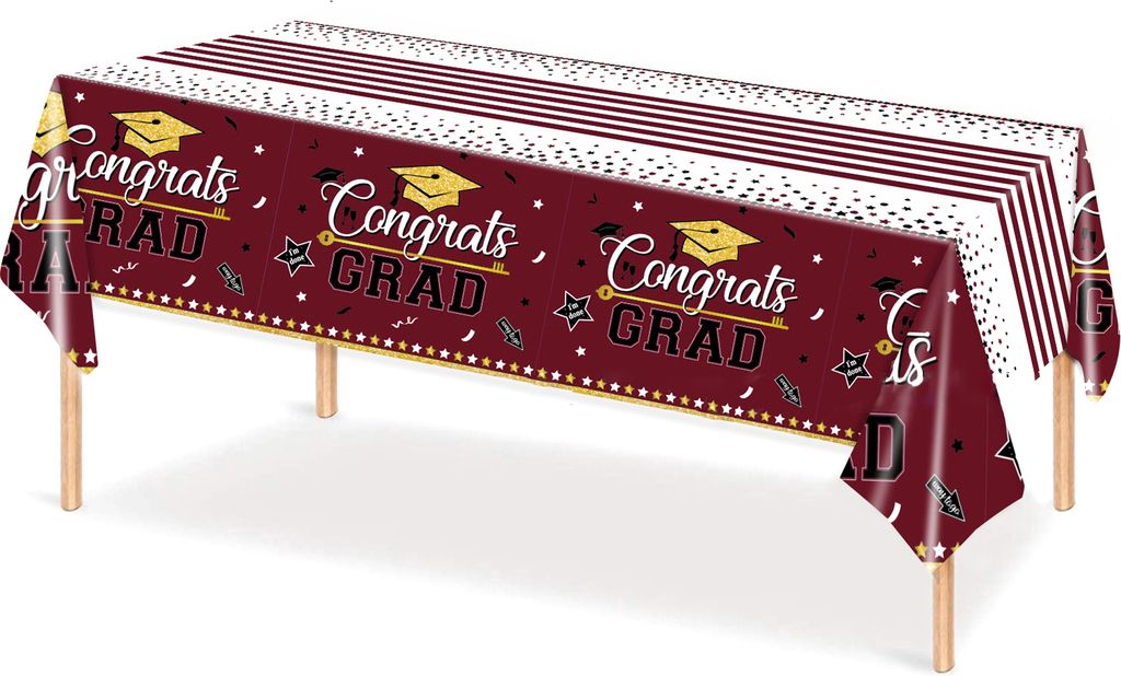 Tischtuch Anti-Kratzer Anti-Färbungs-Abschluss-Element-Print-Dekoration 2023 Abschlusssaison Zeremonie Abendessen Tischdecke Partyzubehör-Dunkelrot