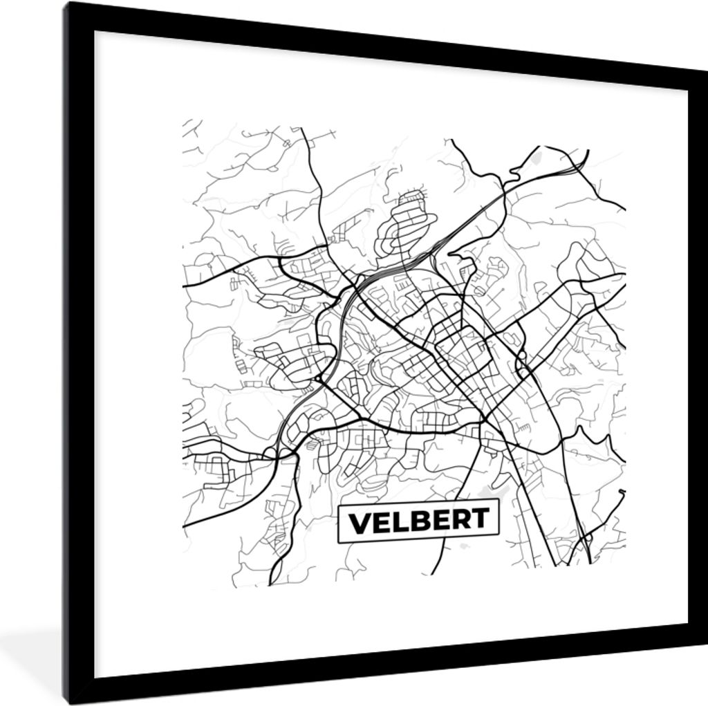 MuchoWow Gerahmtes Poster Velbert - Karte - Stadtplan 40x40 cm - Poster mit Schwarzem Bilderrahmen Wandposter Rahmen Foto Bilder - Poster - Plaka...