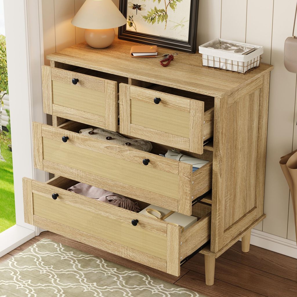 STILVORA Sideboard mit Rattanschubladen,Kommode in schlichter Stil mit schwarzem Griff,Aufwahrungsschrank Beistellschrank mit Holzbeine,Natur