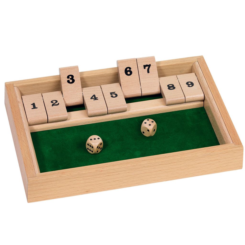 goki HS075 Shut the box Würfelspiel, 25,5 x 17,5 x 3,2 cm, Holz, 2 Würfel, natur