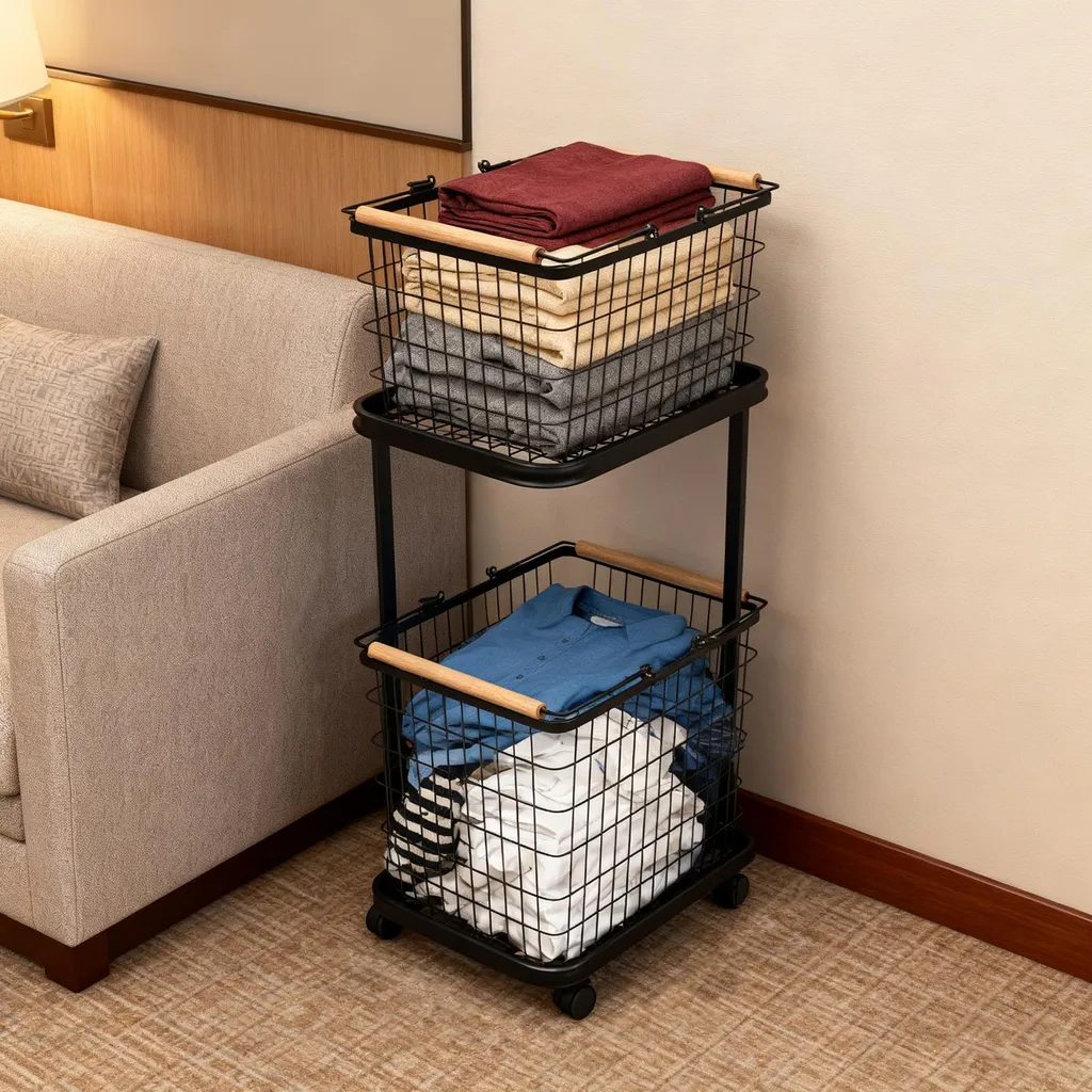 Meuble de rangement pour linge à deux étages, servante utilitaire noire - 3