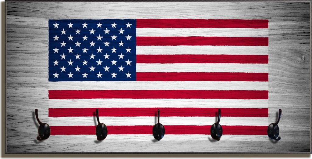 Wallario Flurgarderobe Wandgarderobe aus Holz, mit 5 Haken, Größe 80 x 40 cm, Motiv USA Flagge auf Holz