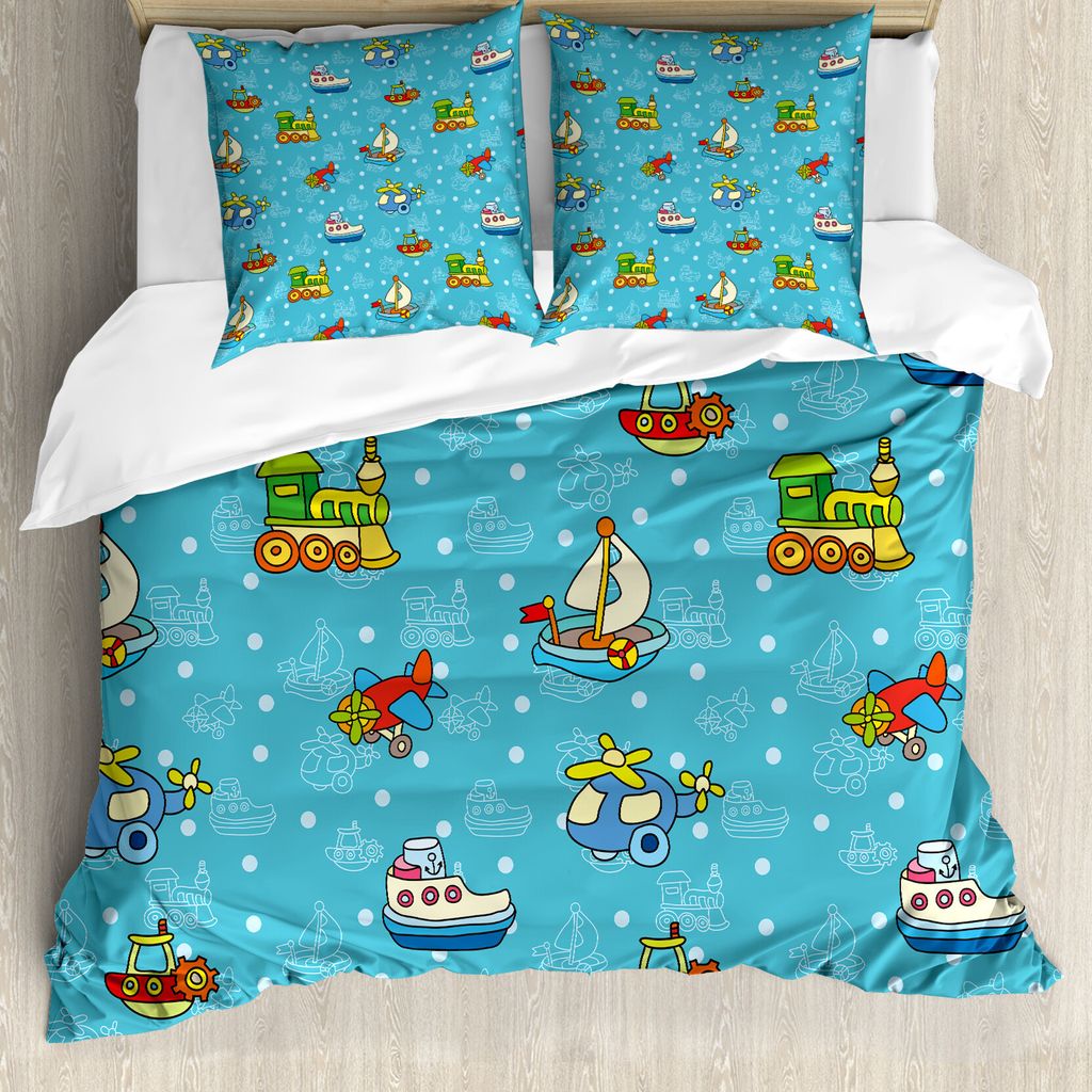 ABAKUHAUS Flugzeug Bettbezug, Cartoon-Stil Spielzeug, Milbensicher Allergiker geeignet mit Kissenbezügen, 200 cm x 200 cm - 80 x 80 cm, Mehrfarbig