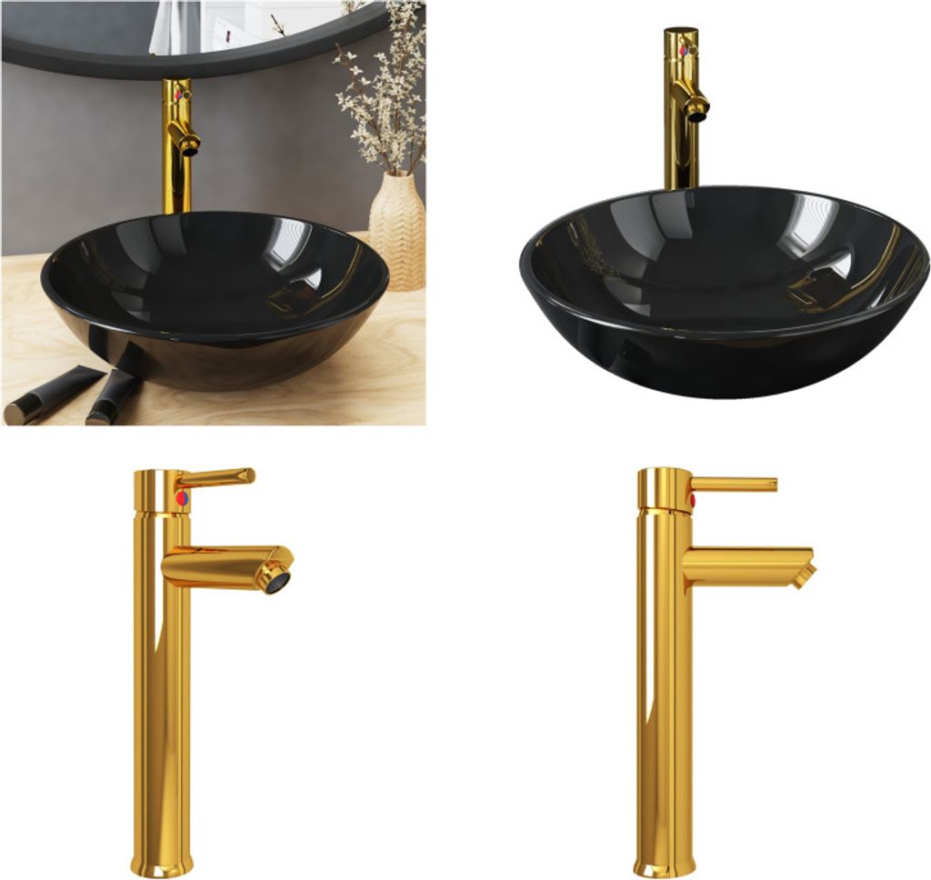 vidaXL Badezimmer Waschbecken mit Wasserhahn und Ablaufgarnitur Schwarz gehärtetes Glas - Waschbecken - Spülbecken - Waschtisch - Gehärtetes Glas