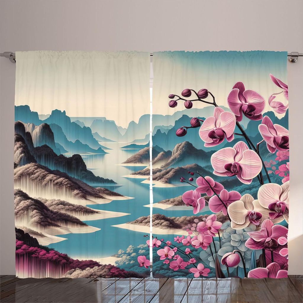 ARANDE See Gardine, Panoramalandschaft Frühling Erdige Klippen und Berge mit Orchideen, 280 x 225 cm, Blasses Violett Meerblau