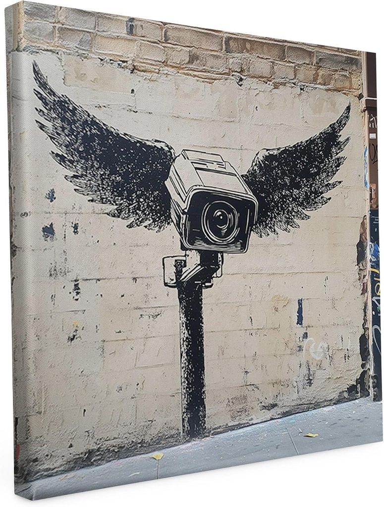 Banksy Motiv - Kamerawings - 40 x 40 cm - Wandbild auf Leinwand - matter Kunstdruck - Graffiti - Street Art - 2cm Holzrahmen - Keilrahmen bedruckt