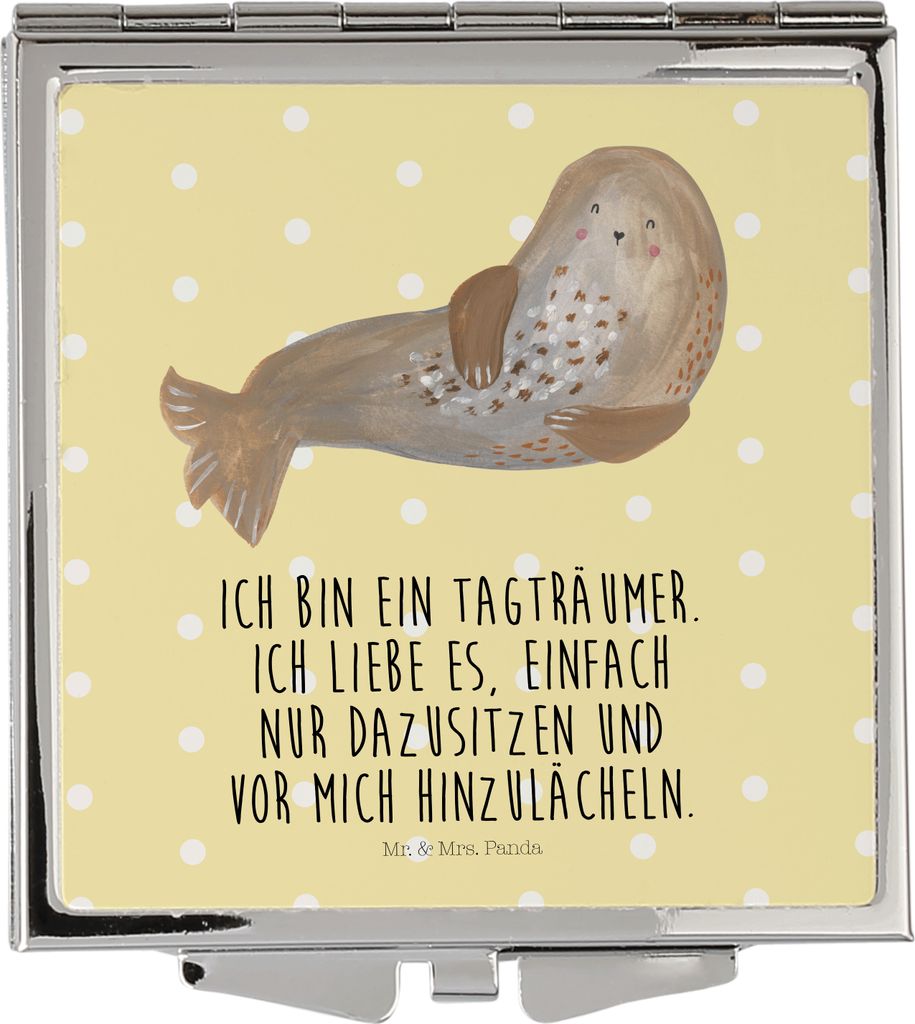 Mr. & Mrs. Panda Kleiner Spiegel Robbe Lachen - Gelb Pastell - Geschenk, Nordsee, Kosmetikspiegel, Handspiegel, Strand, Klappspiegel, Ostsee, Robbe...