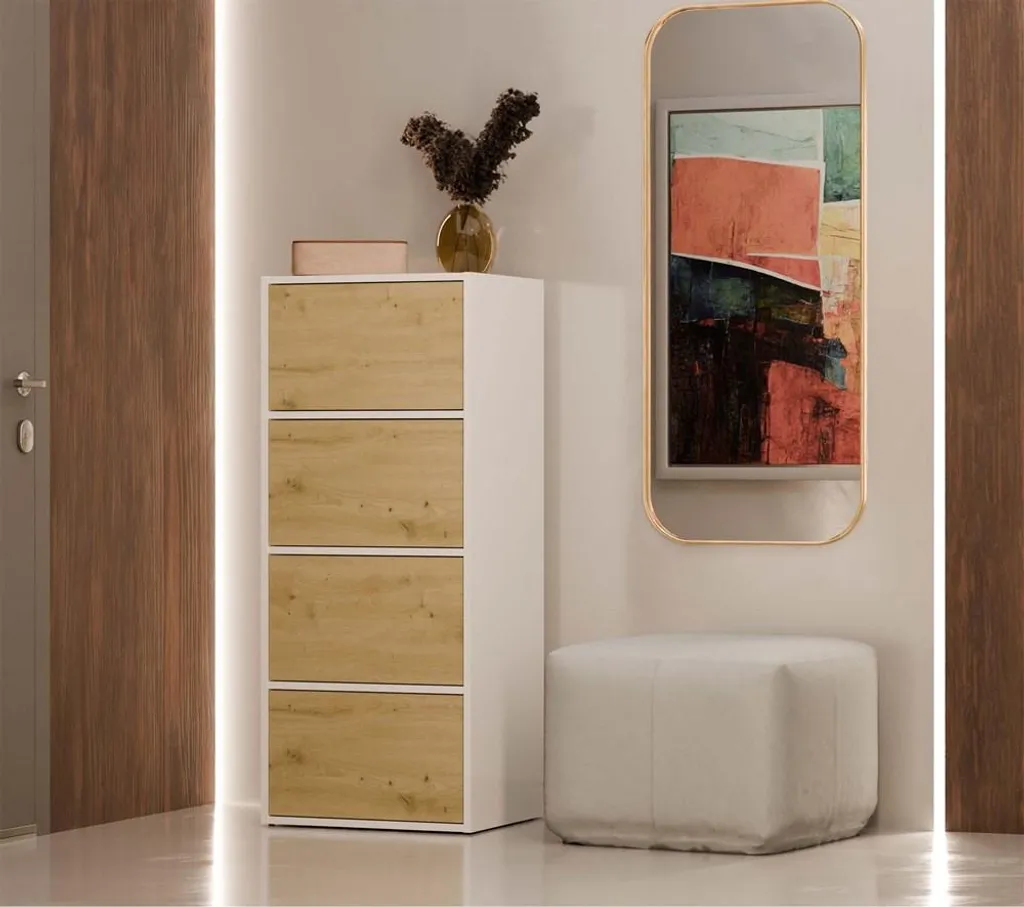 Commode ATALLA bicolore blanc et chêne - Design scandinave étroit