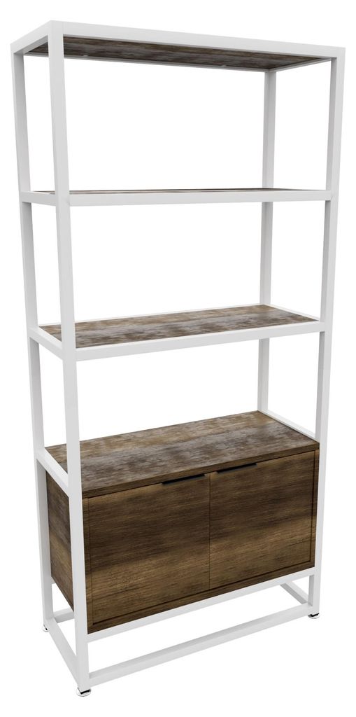 Edo - Wandregal Bücherregal 76x162,5x33,5 cm 3 Regalböden mit Schrank 2 Türen aus Holz Oak Metallgestell Weiß
