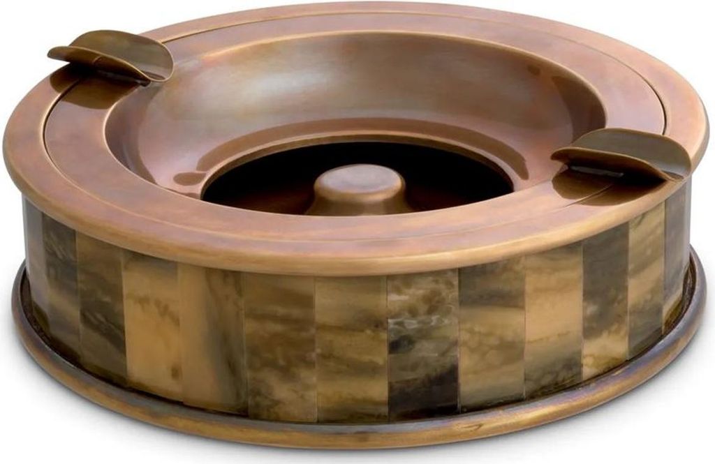 Casa Padrino Luxus Aschenbecher Vintage Messing / Braun Ø 20,5 x H. 6,5 cm - Runder dekorativer Aschenbecher - Deko Accessoires - Luxus Qualität