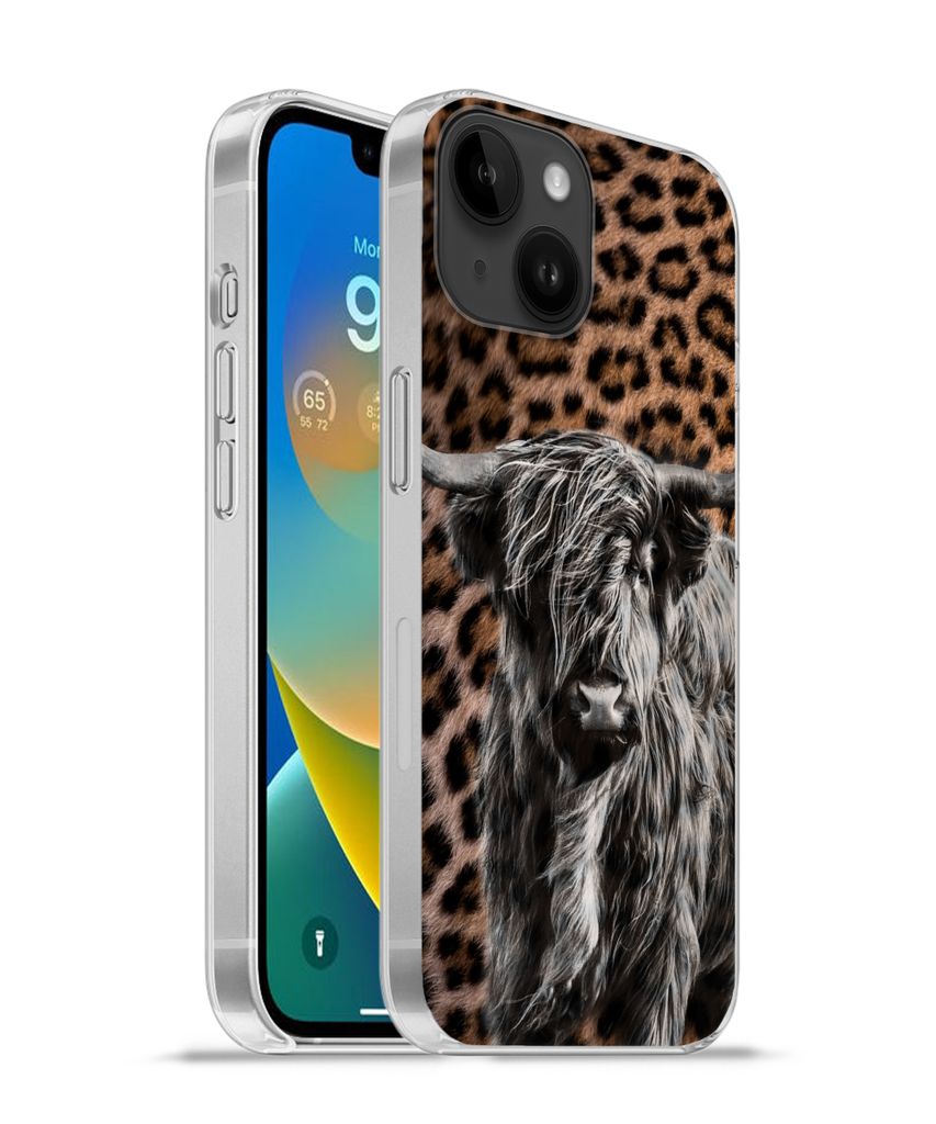 MuchoWow Handyhülle Schutzhülle Hülle für Apple iPhone 14 - Softcase Schottischer Highlander - Pantherdruck - Schwarz - Weiß Silikon Softcas...