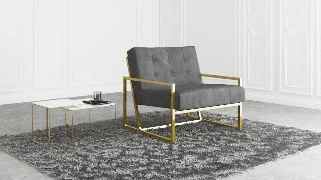 S-STYLE MÖBEL - Karin Loungesessel mit Goldenen Metall Füßen aus Grau Samtstoff, B/T/H: 84 cm/89 cm/81 cm