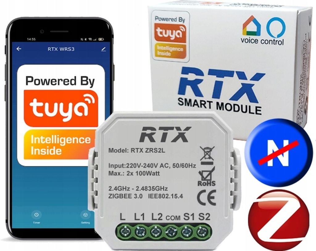 Abzweigdose Relais 2ob Zigbee Tuya arbeitet ohne N