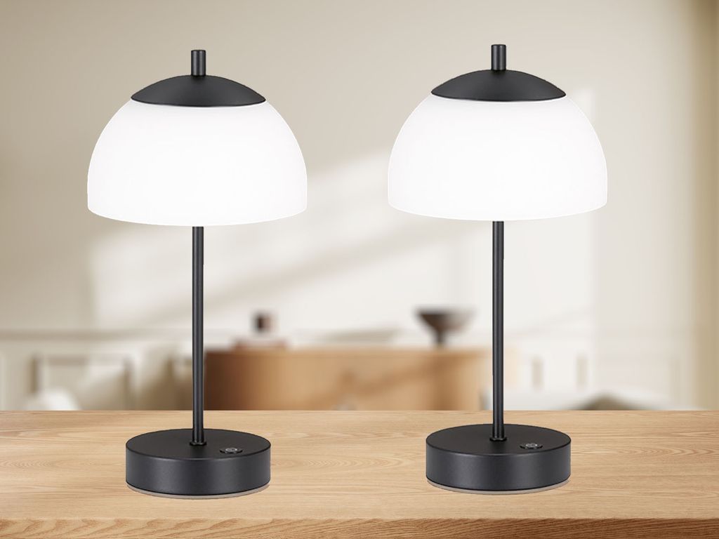 2er SET kabellose Akku Tageslicht Tischlampen Schwarz / Opalglas 35cm dimmbar