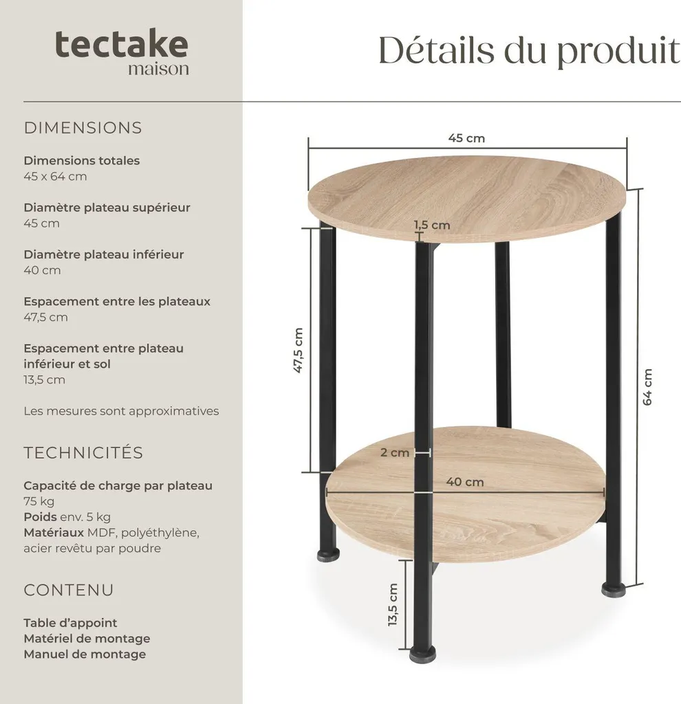Table d'Appoint Industrielle Chêne Sonoma BALLINA - 45x64 cm Stable - 6