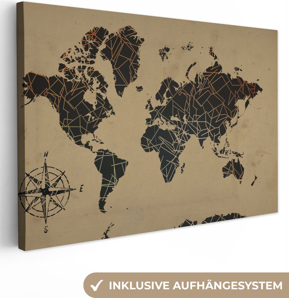 OneMillionCanvasses - Leinwandbilder - 150x100 cm, Weltkarte - Vintage - Kompassrose, Wandbilder Kunstdruck Wanddekoration