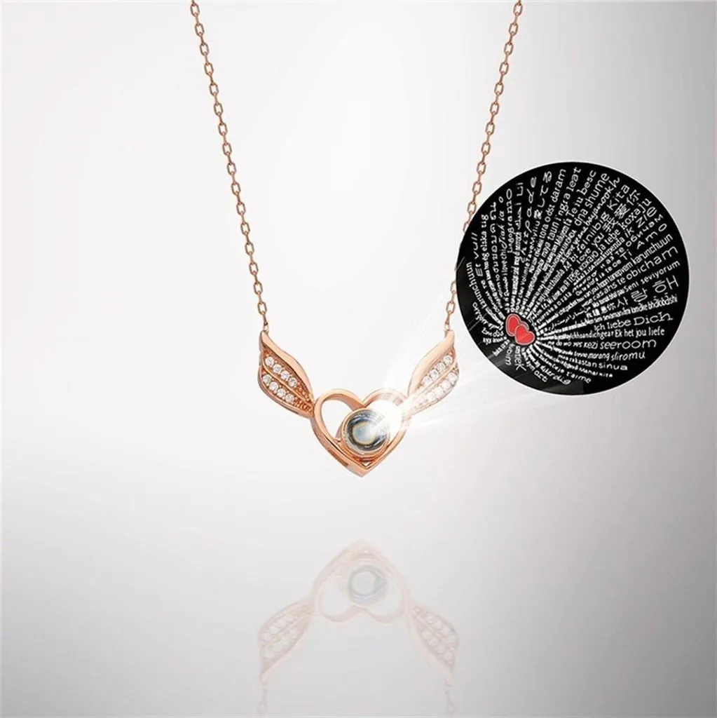 Collier cœur ailes argent 925 projection Je t'aime en 100 langues