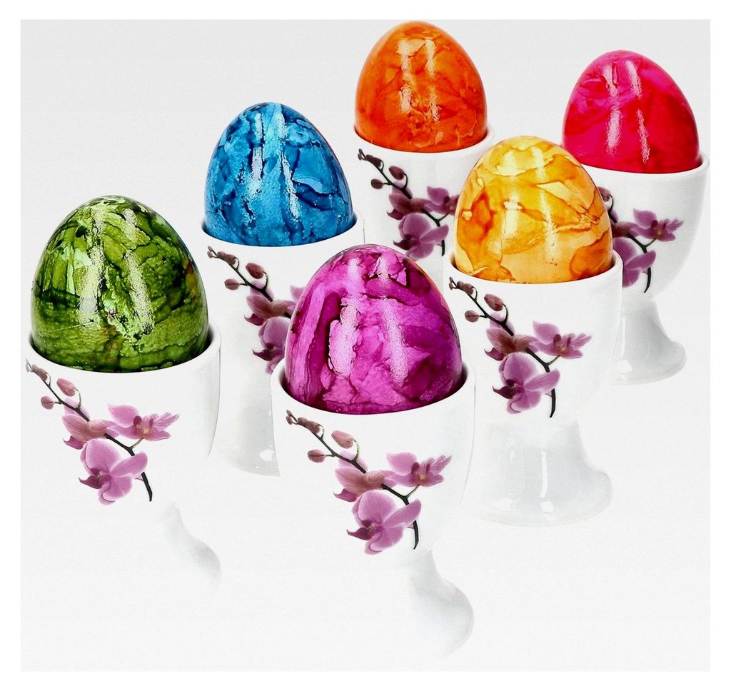 Eierbecher Set für 6 Personen mit lilafarbener Orchidee aus weißem Porzellan