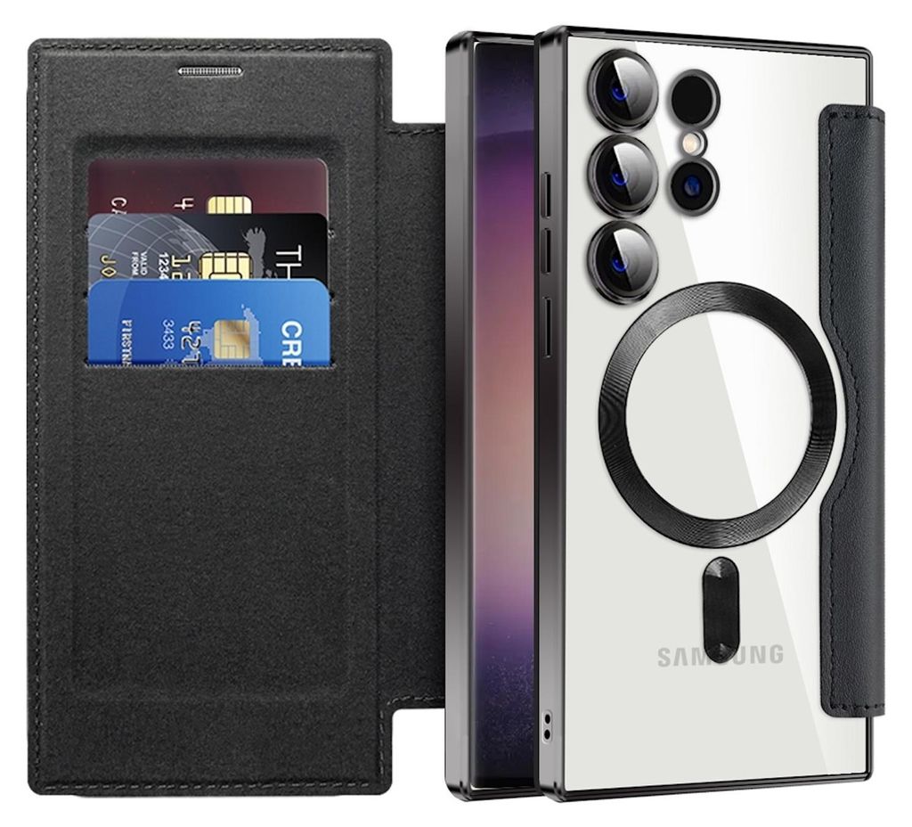 A phone case with card slots and a phone attached.