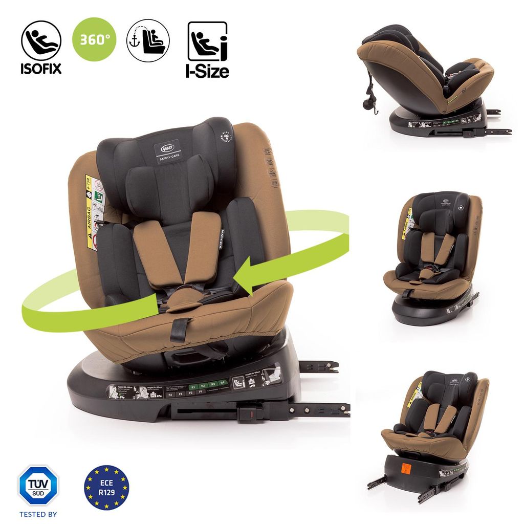 A collage of images showing a brown and black rotating car seat with various icons and certifications.