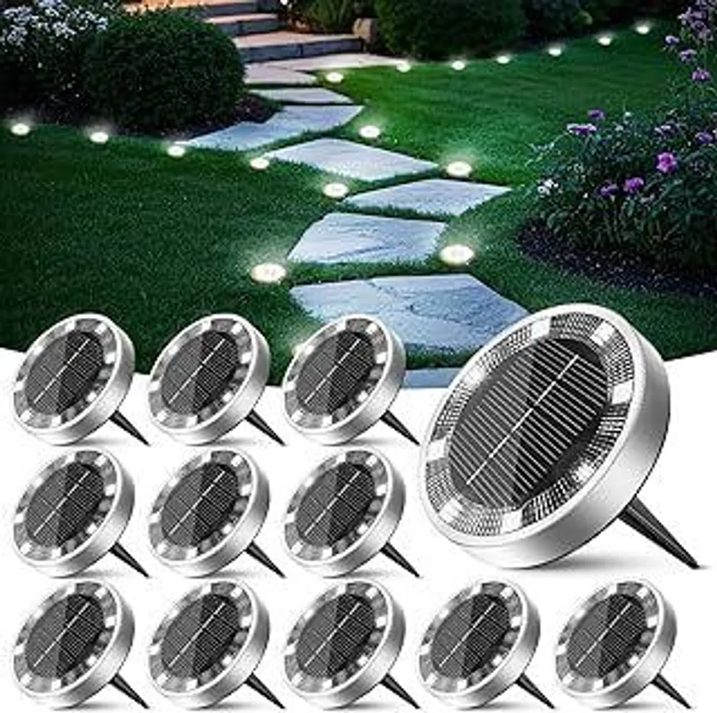 Peasur 12 luci solari da esterno, 8 lampade solari a LED per esterni, resistenti alle intemperie, luci solari per giardino, illuminazione da giardino per pavimentazioni, prati, vialetti, bianco freddo