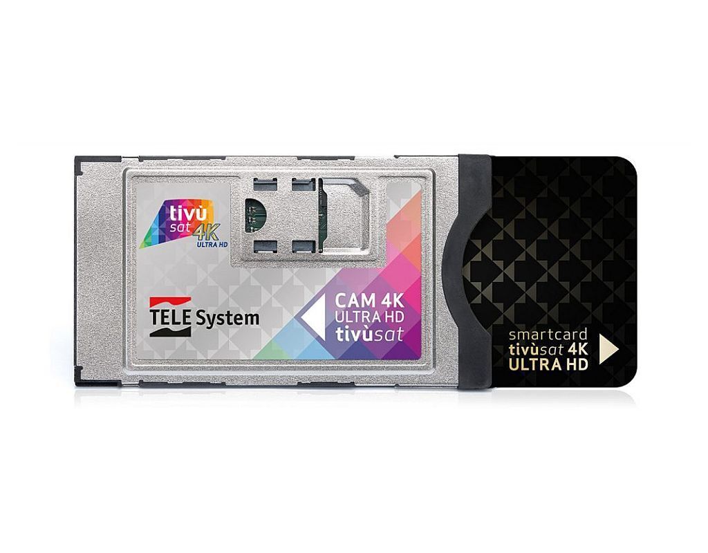 A product shot of a TELE System CAM tivùsat 4K Ultra HD Conditional Access Module.