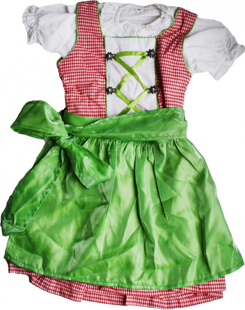 3-tlg Kinder Dirndl Mädchendirndl Dirndlbluse Dirndlschürze Kleid Rot/Grün Kariert, Größe:116