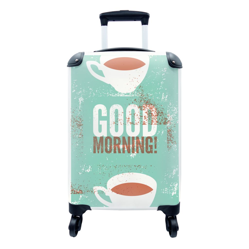 MuchoWow Koffer Handgepäck Trolley Rollkoffer Kleine Reisekoffer mit 4 Rollen - Kaffee - Vintage - Zitate - Sprüche - Guten Morgen! - Cabin Siz...