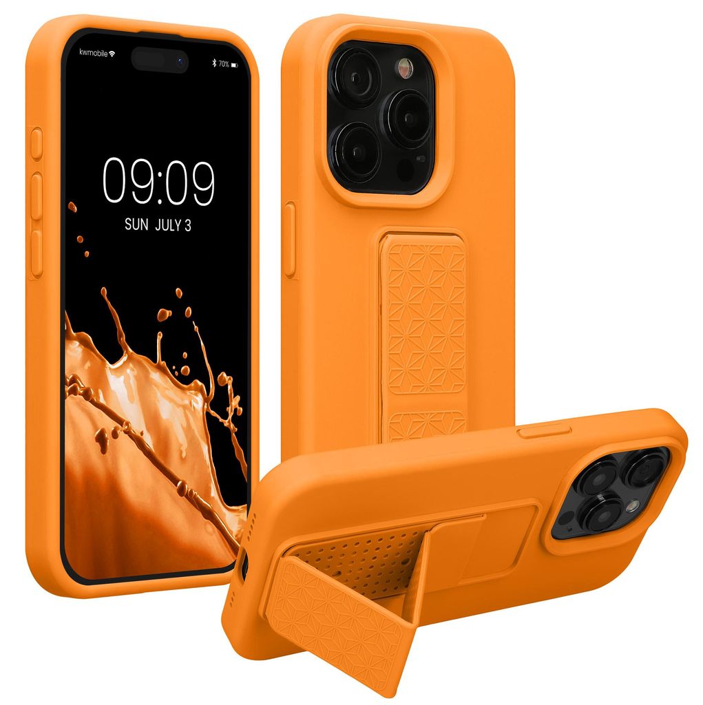kwmobile Handyhülle für Apple iPhone 15 Pro Hülle - TPU Silikon Case mit Fingerhalter und Stand - Schutzhülle Cover in Fruity Orange