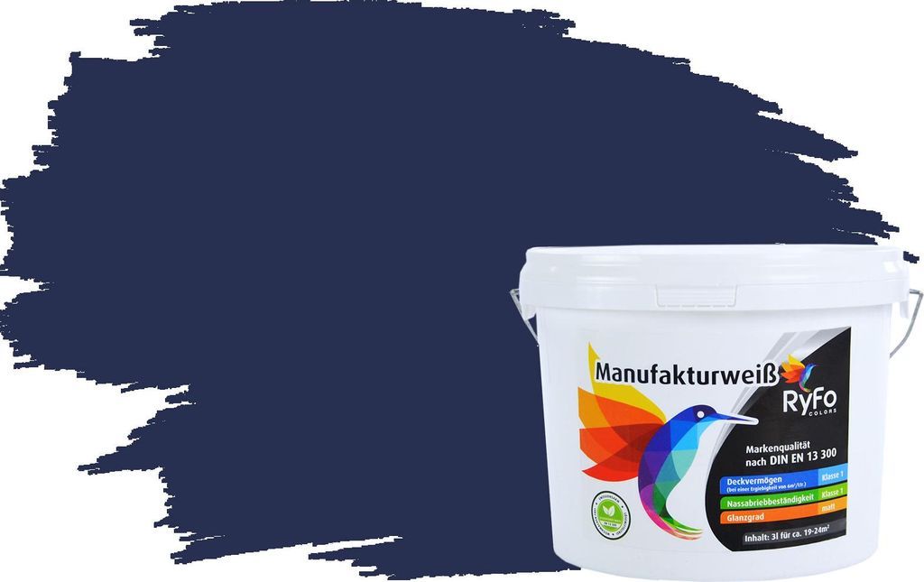 RyFo Colors Bunte Wandfarbe Manufakturweiß Nachtblau 3l - weitere Blau Farbtöne und Größen erhältlich, Deckkraft Klasse 1, Nassabrieb Klasse 1