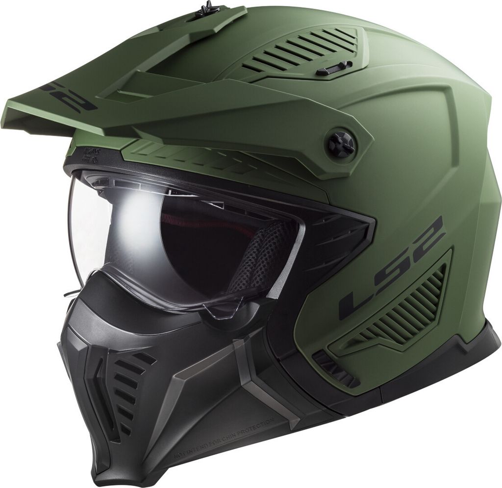 A studio shot of a green and black modular motorcycle helmet.