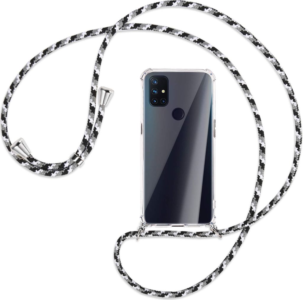 Handykette Backcover-Schutzhülle mit Band (Metall silberfarben) für OnePlus Nord N100 - schwarz/grau/weiß