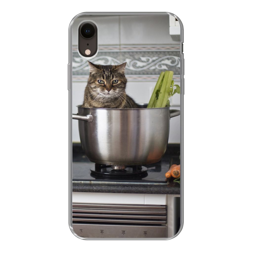 MuchoWow Handyhülle Schutzhülle Hülle für iPhone XR Katze - Pfanne - Küche Silikon Softcase Handy Hülle - Schutzdeckel