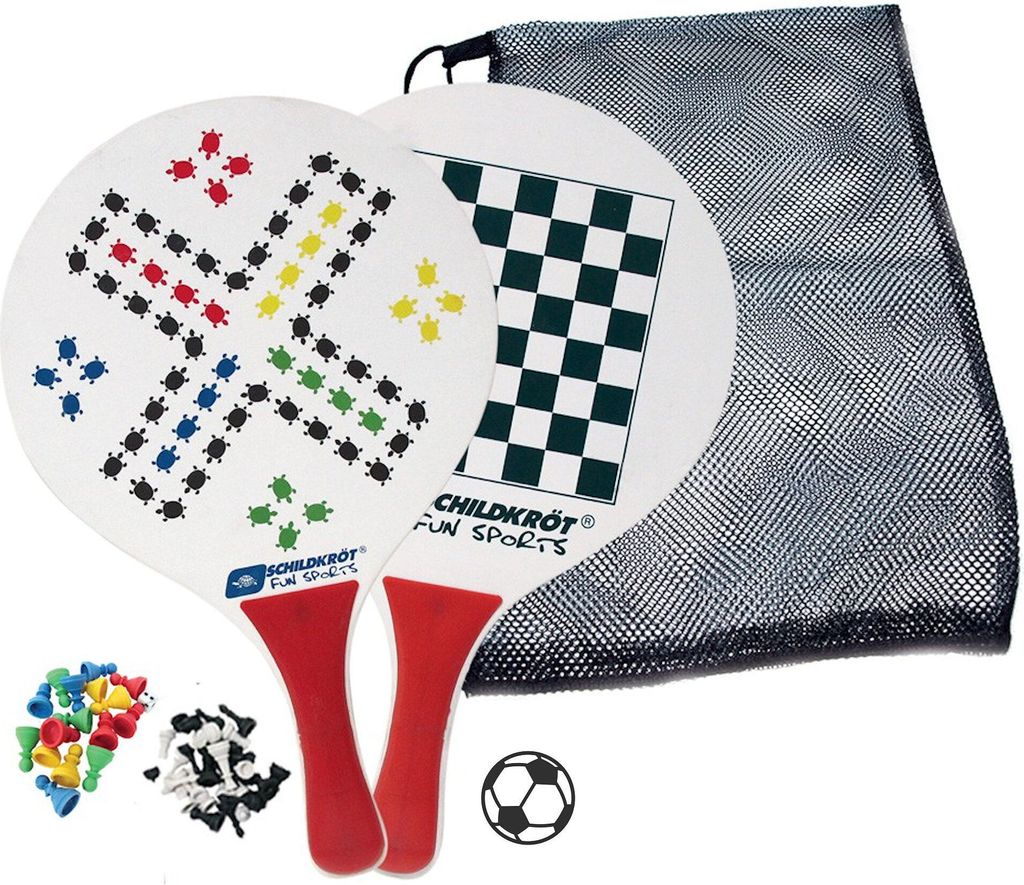 Schildkröt Funsports Beachball-Set, 2 Holzschläger mit Kunststoffgriff, 1 Plastikball und 1 Set Spielfiguren in Netztasche, weiß/rot; 69918