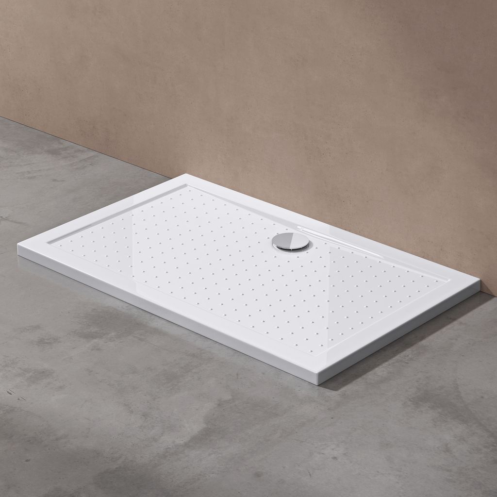doporro Duschtasse Duschwanne Anti-Rutsch 80x120x4 flach inkl. Ablaufgarnitur aus Acryl in Weiß DIN-Anschlüsse auch für bodenebene Montage geeig...