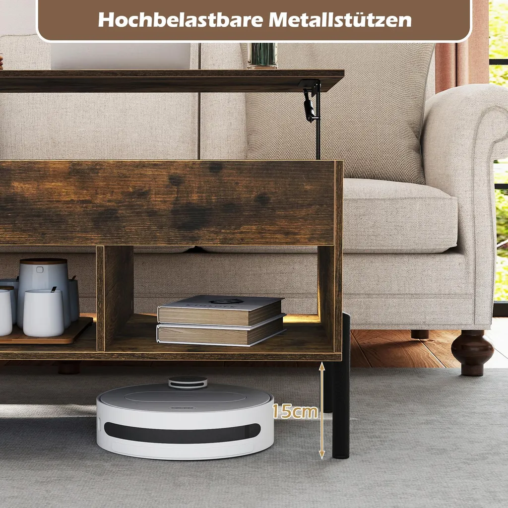 Table de salon relevable avec compartiment caché et rangement marron