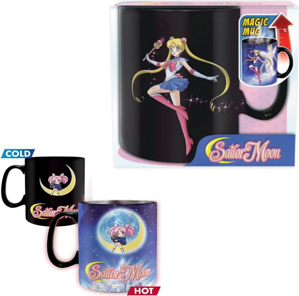 A collage showing a Sailor Moon magic mug in both its cold and hot states, along with its packaging.