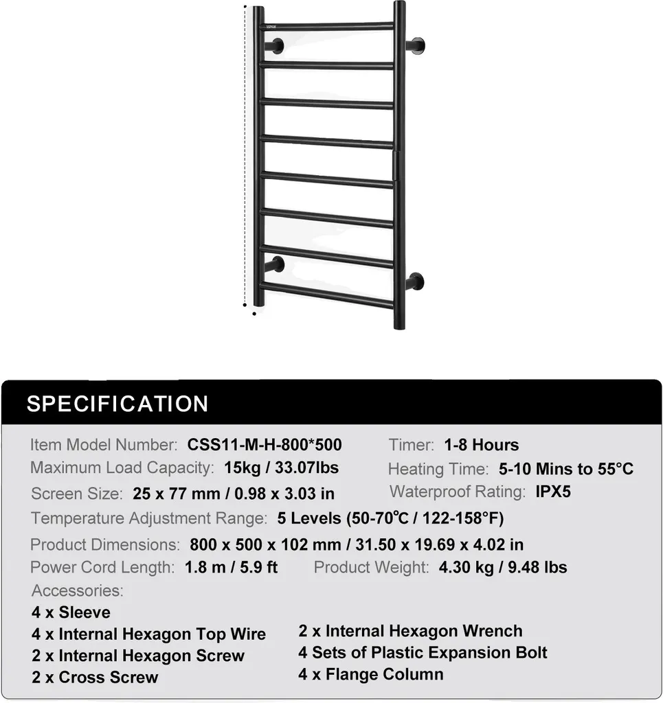 Sèche-serviettes intelligent noir 8 barres inox avec minuteur intégré