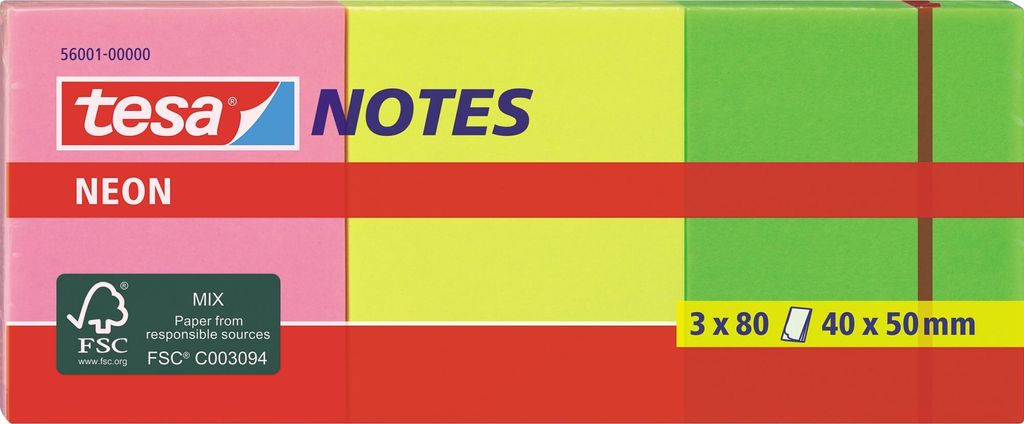 tesa Neon Notes, 3 x 80 Blatt, pink / gelb / grün 40mm x Produktbild 