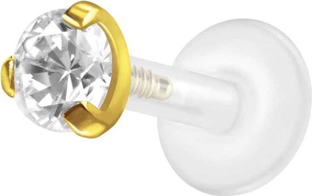 Ohrpiercing, Nasenpiercing PTFE Labret mit Innengewinde + Titan-Aufsatz EINGEFASSTER KRISTALL Gold Stablänge: 5mm | Stabstärke: 1,2mm | Kristallg...