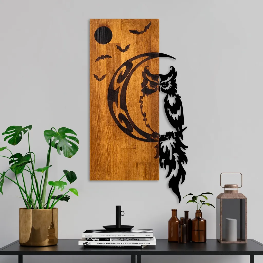 Wallity Owl Décoration Murale en Métal et Noyer 36 x 66 x 3 cm - Design Chic